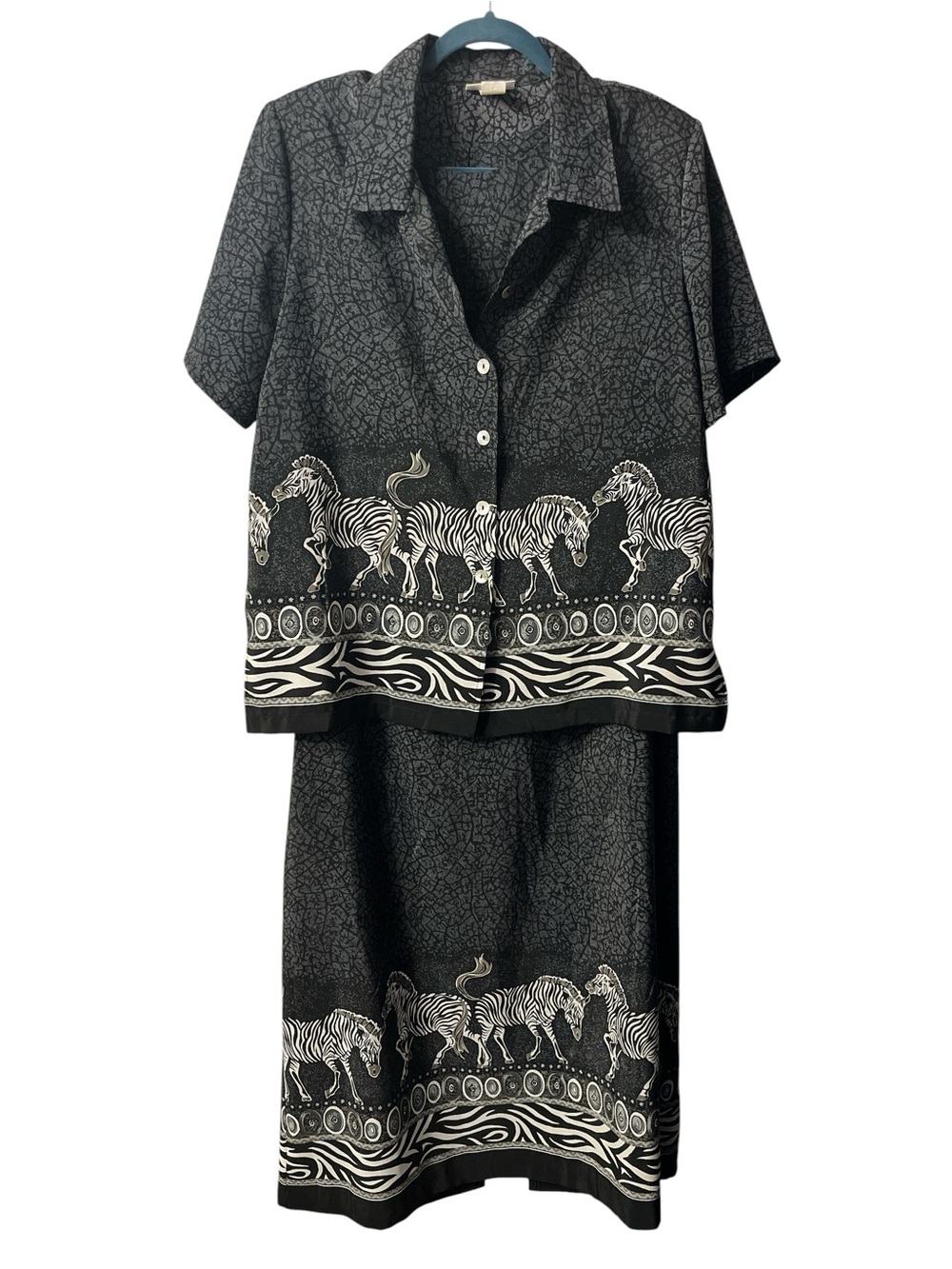 Blair Boutique Black & Gray Zebra Print Dress & Button Shirt Set Vintage Size Lg